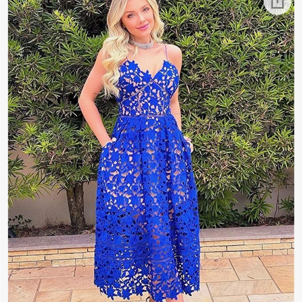 AlvaQ Womens V Neck Spaghetti Strap Lace Dress. Size M. Color Blue/Nude
